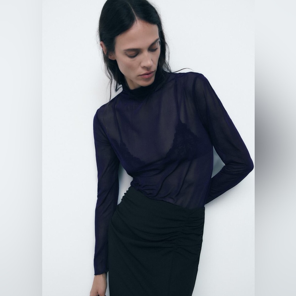 Zara Ink Blue Mock Neckline Sheer Long Sleeve Top